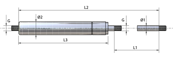 Disegni tecnici - Molle a gas in acciaio inox (AISI 304) con filettatura